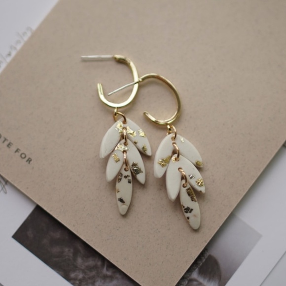 Sterling Silver Gold Hoops with Drop White Leaves & Gold Flakes - Picture 1 of 5